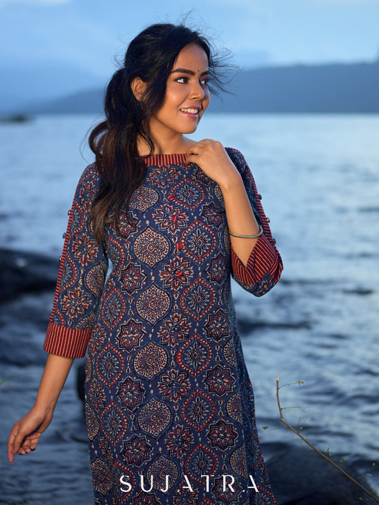 Modern Blue Mughal Print Kurta with Boat Neck and Maroon Stripe Details
