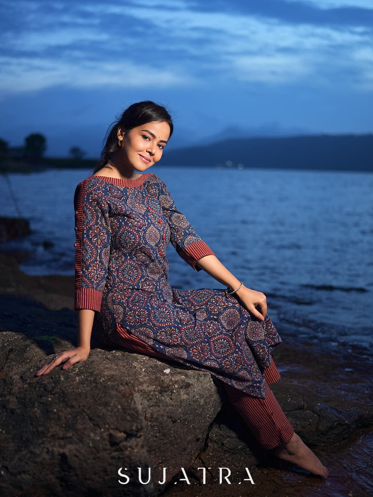 Modern Blue Mughal Print Kurta with Boat Neck and Maroon Stripe Details