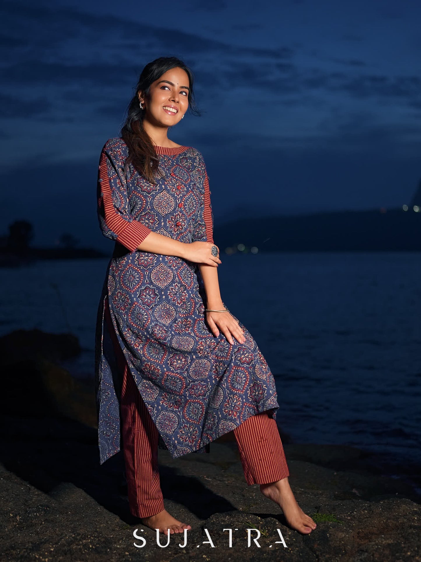 Modern Blue Mughal Print Kurta with Boat Neck and Maroon Stripe Details