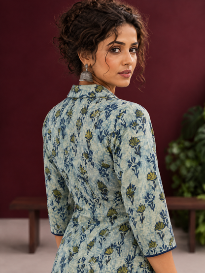 Classic Indigo Floral Printed Cotton Shirt with Bell Sleeves — fabric detail