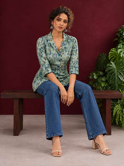 Classic Indigo Floral Printed Cotton Shirt with Bell Sleeves — seated
