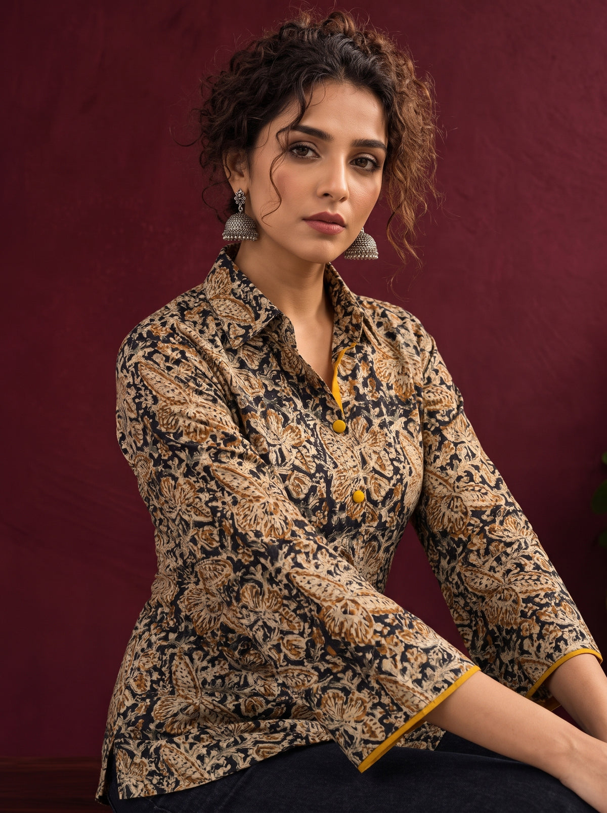 Black Kalamkari Printed Cotton Shirt with Floral Motifs — seated — view 2