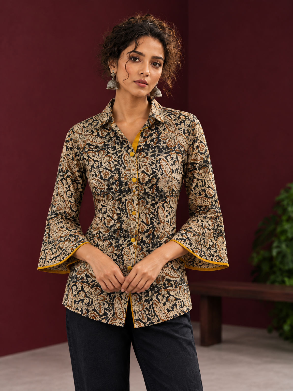 Black Kalamkari Printed Cotton Shirt with Floral Motifs — fabric detail — view 3