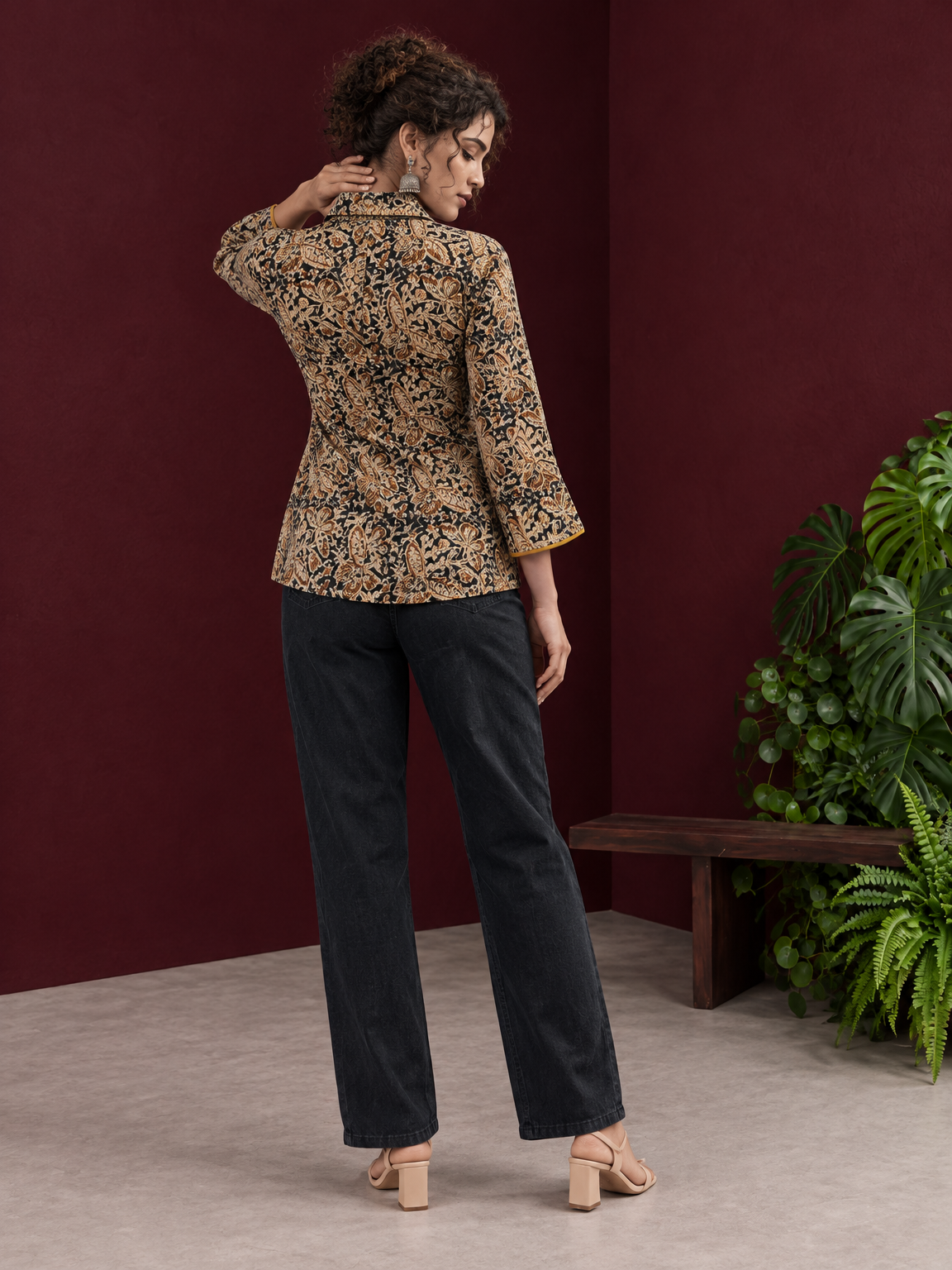 Black Kalamkari Printed Cotton Shirt with Floral Motifs — back view — view 5