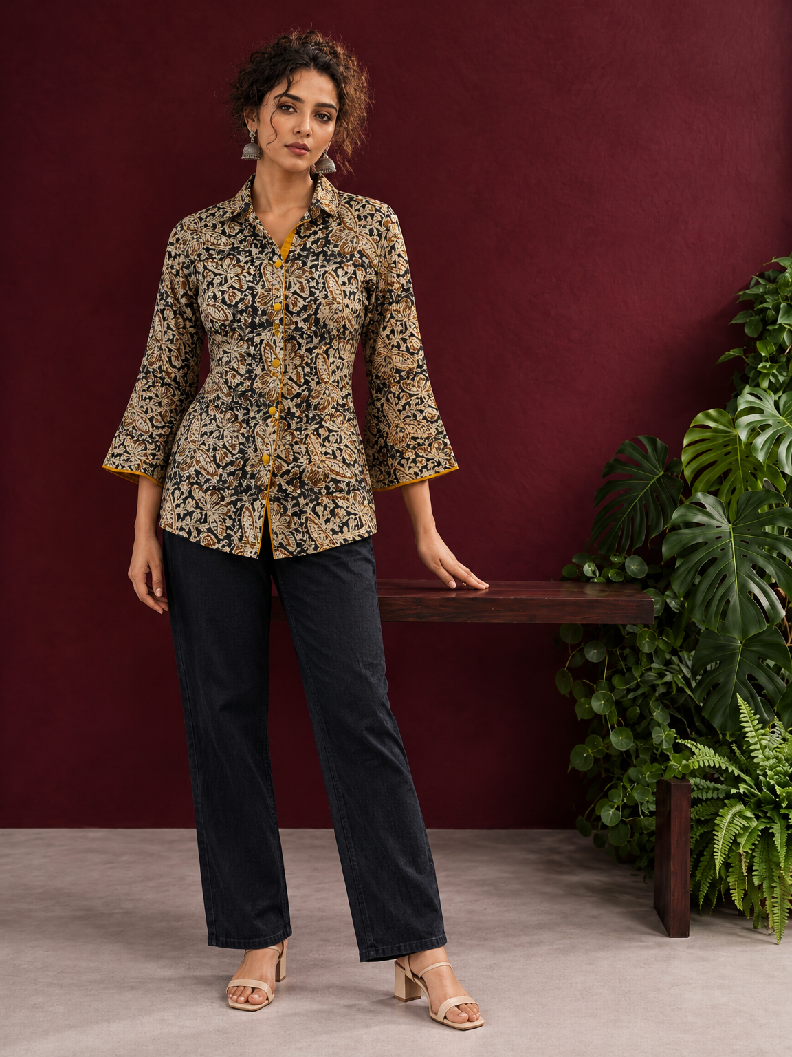 Black Kalamkari Printed Cotton Shirt with Floral Motifs