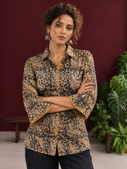 Black Kalamkari Printed Cotton Shirt with Floral Motifs — styled view
