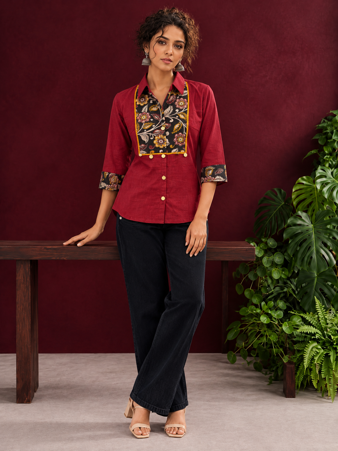 Maroon Cotton Shirt with Contrast Kalamkari Printed Yoke Panel & Sleeve Cuffs with Gold Button Detailing — front view — view 4