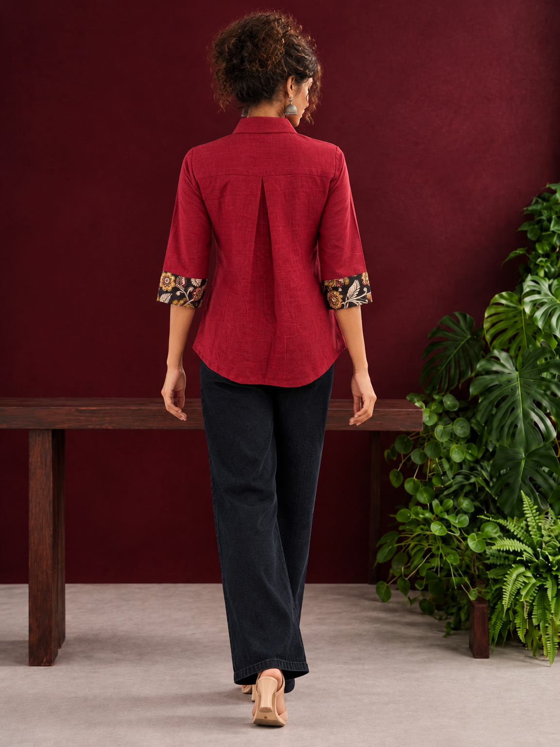 Maroon Cotton Shirt with Contrast Kalamkari Printed Yoke Panel & Sleeve Cuffs with Gold Button Detailing — back view — view 5