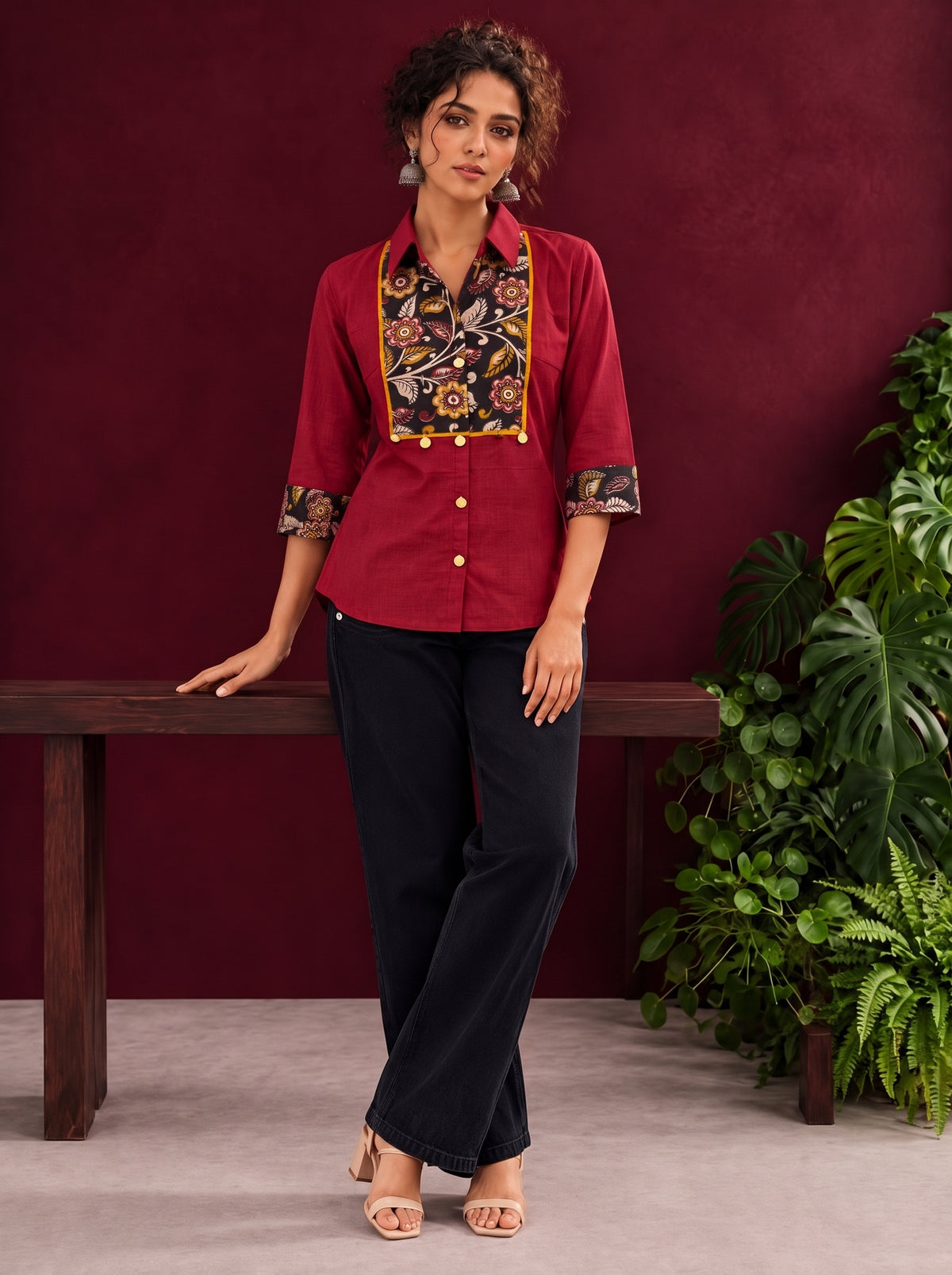 Maroon Cotton Shirt with Contrast Kalamkari Printed Yoke Panel & Sleeve Cuffs with Gold Button Detailing — styled view — view 2