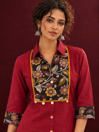 Maroon Cotton Shirt with Contrast Kalamkari Printed Yoke Panel & Sleeve Cuffs with Gold Button Detailing — fabric detail