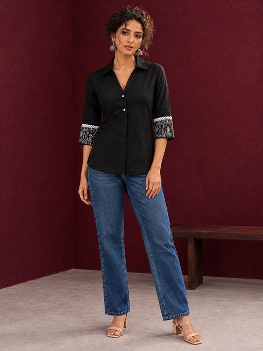 Classic Black Cotton Shirt with Collared Neckline and Contrast Printed Sleeve Cuffs — front view