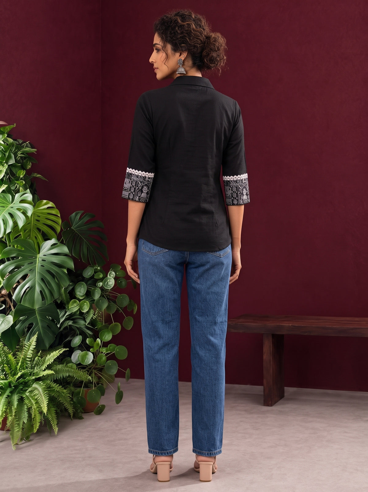 Classic Black Cotton Shirt with Collared Neckline and Contrast Printed Sleeve Cuffs — back view — view 6