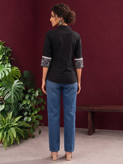 Classic Black Cotton Shirt with Collared Neckline and Contrast Printed Sleeve Cuffs — back view