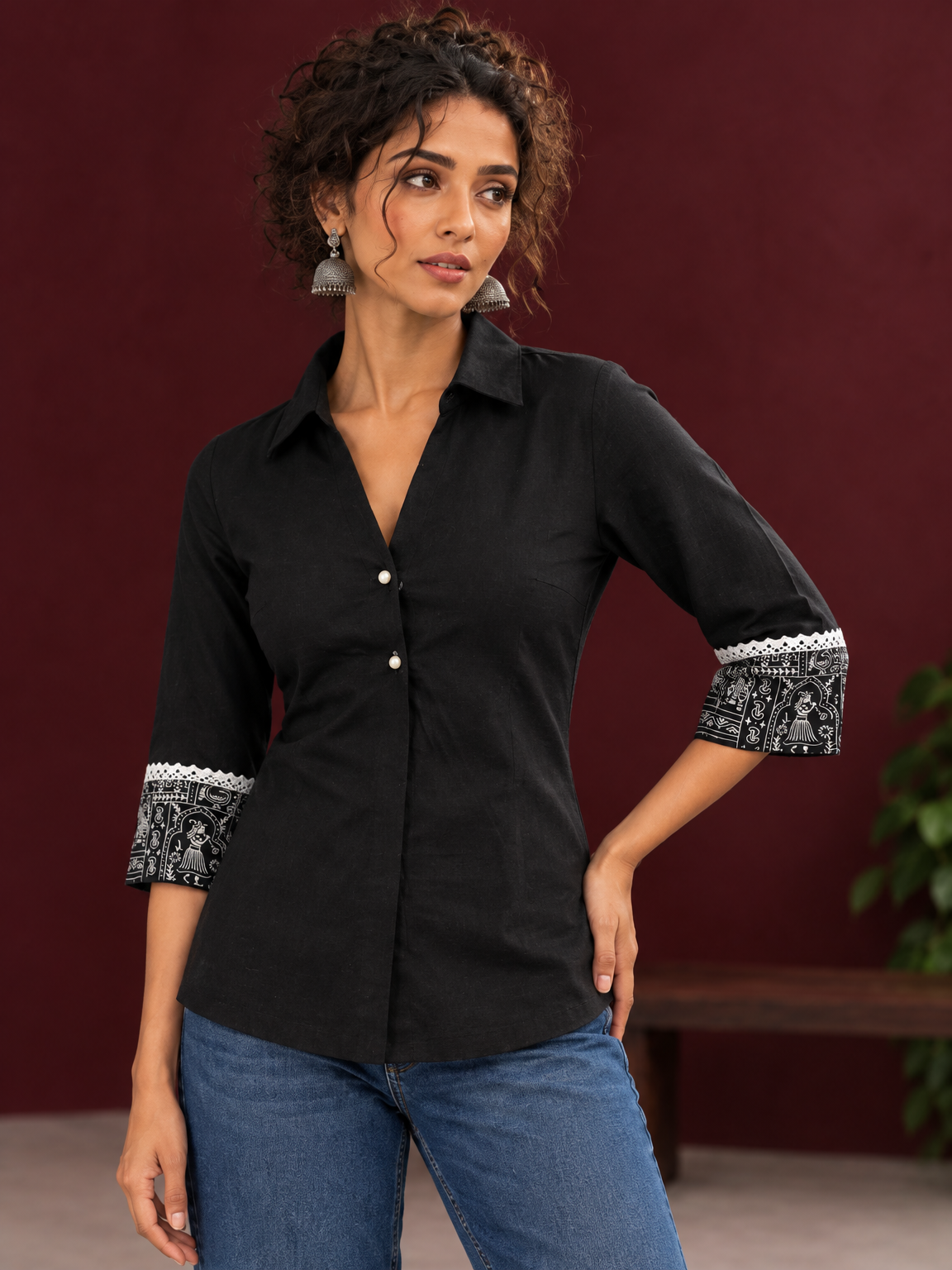 Classic Black Cotton Shirt with Collared Neckline and Contrast Printed Sleeve Cuffs — fabric detail — view 2