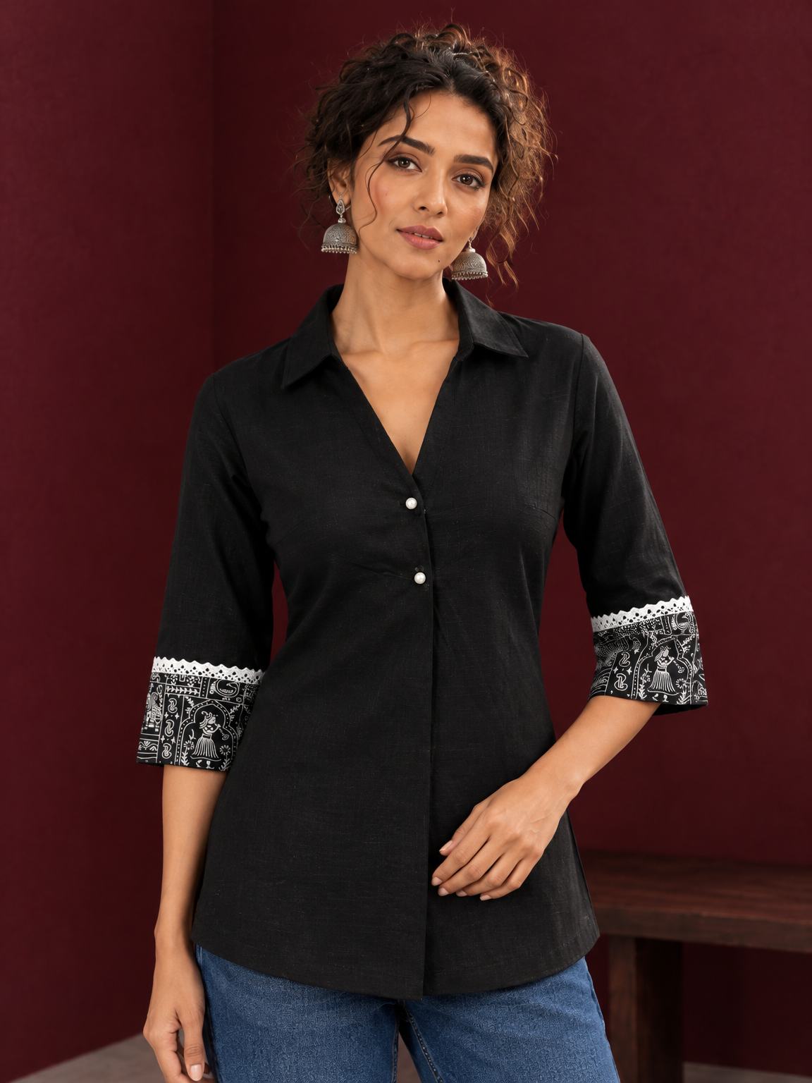 Classic Black Cotton Shirt with Collared Neckline and Contrast Printed Sleeve Cuffs — styled view — view 3