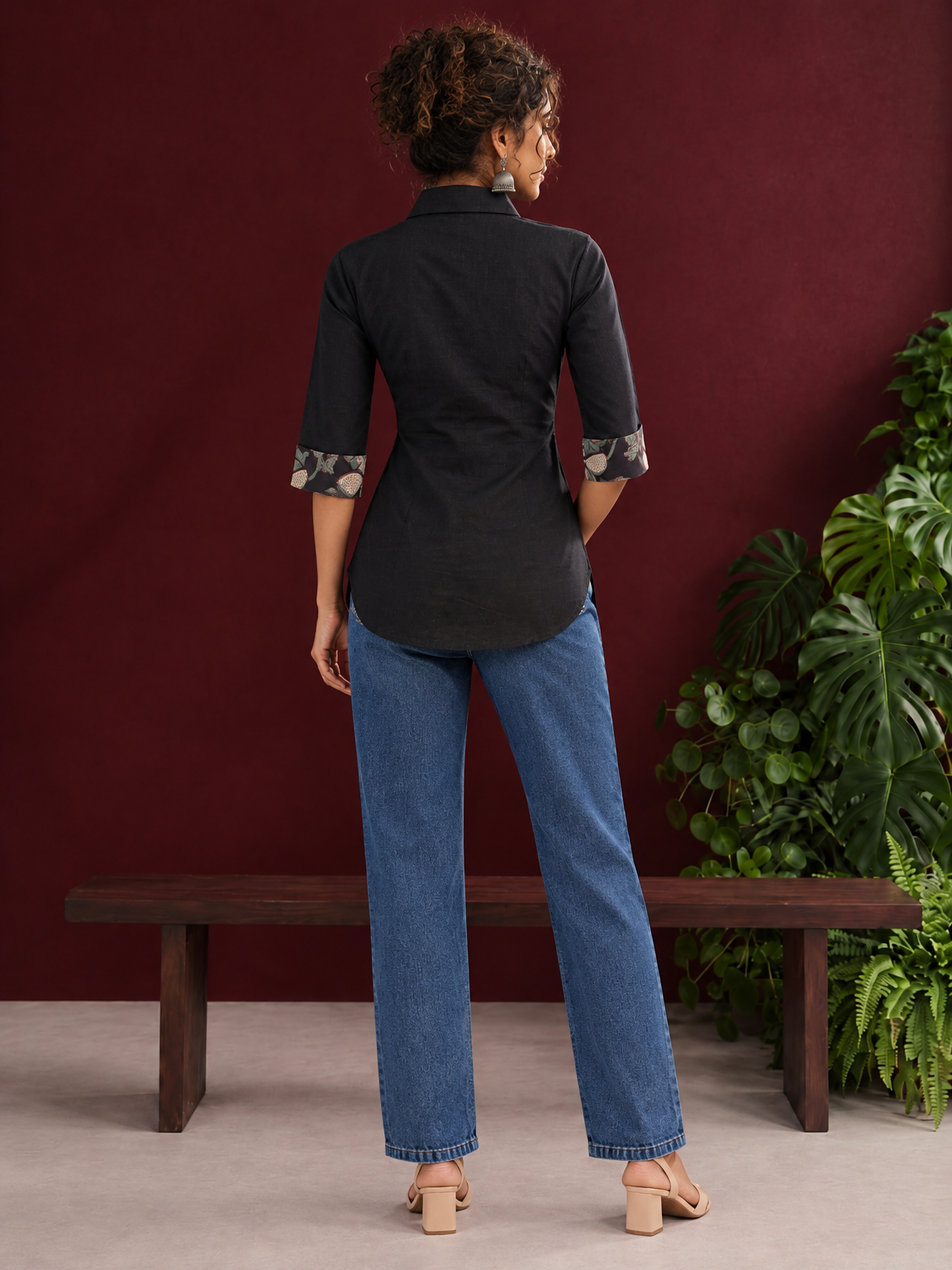 Timeless Black Cotton Shirt with Contrast Floral Print Cuffs and Maroon Button Placket — back view — view 6