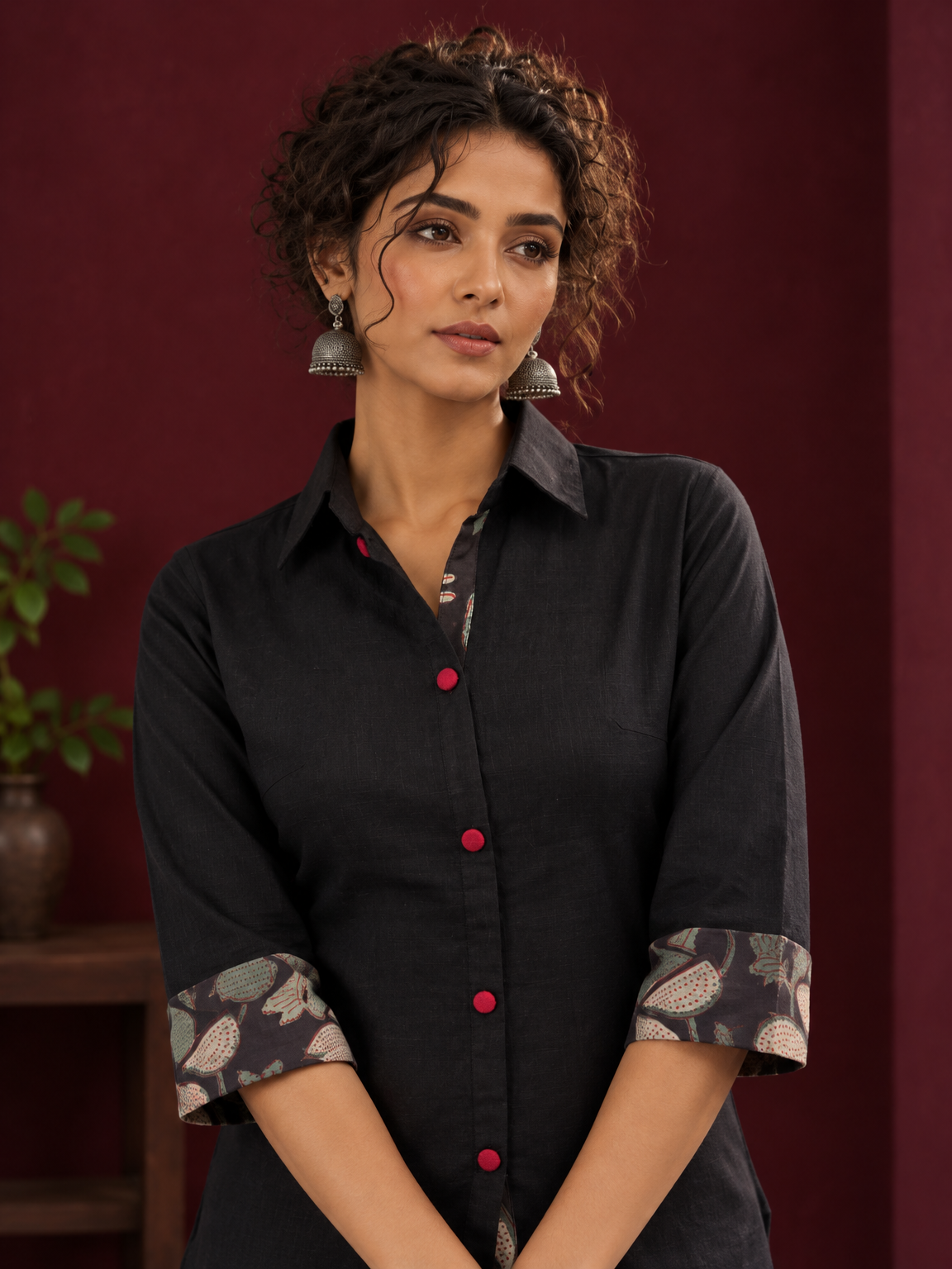 Timeless Black Cotton Shirt with Contrast Floral Print Cuffs and Maroon Button Placket — fabric detail — view 2