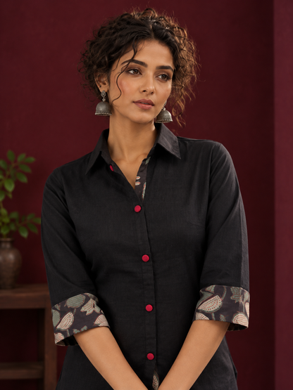 Timeless Black Cotton Shirt with Contrast Floral Print Cuffs and Maroon Button Placket — fabric detail