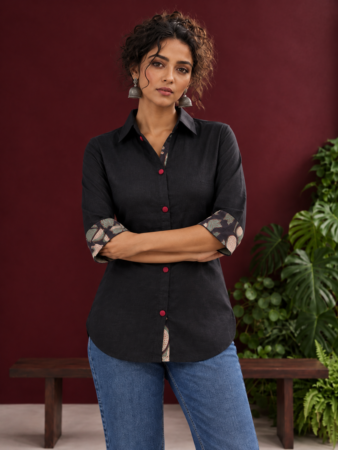 Timeless Black Cotton Shirt with Contrast Floral Print Cuffs and Maroon Button Placket — styled view — view 3
