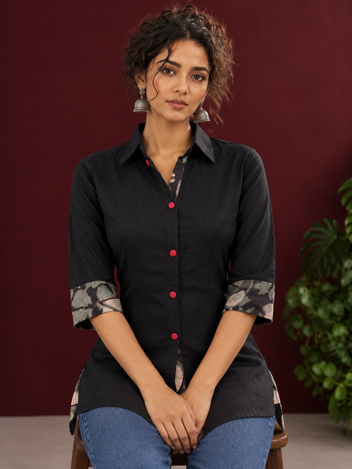 Timeless Black Cotton Shirt with Contrast Floral Print Cuffs and Maroon Button Placket — seated detail — view 4