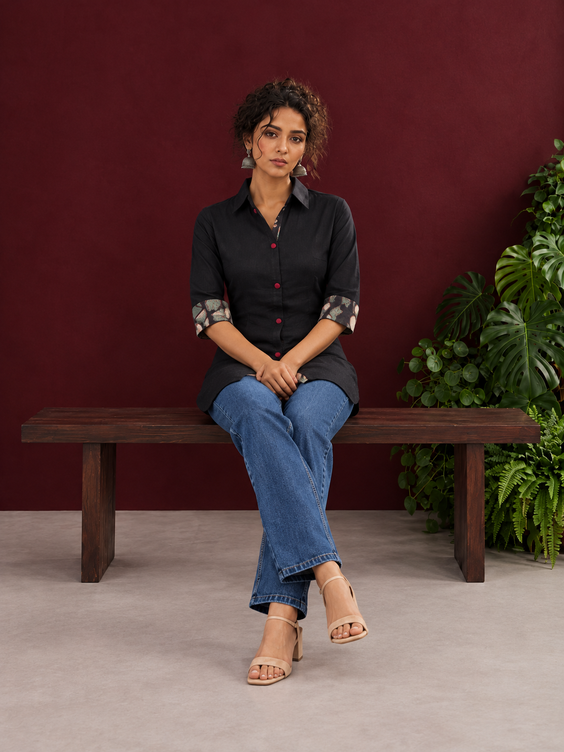 Timeless Black Cotton Shirt with Contrast Floral Print Cuffs and Maroon Button Placket — seated — view 5