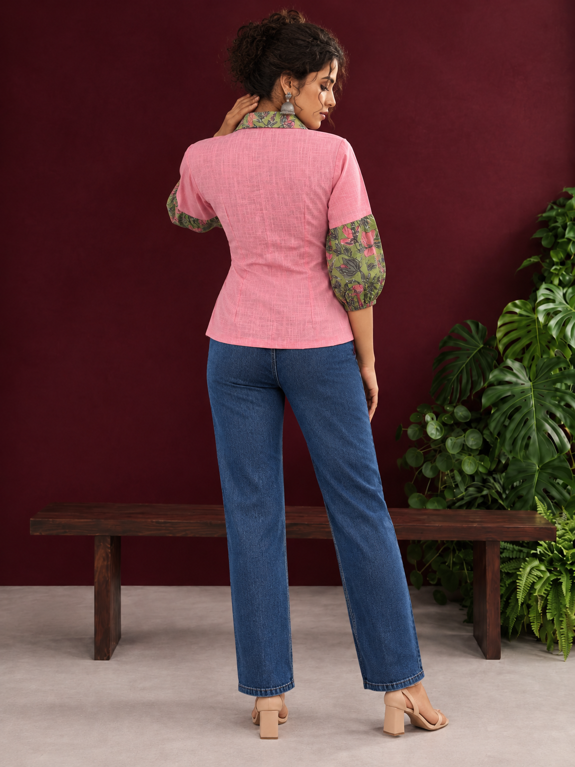 Vibrant Pink Cotton Shirt with Contrast Green Floral Print Collar and Balloon Sleeves — back view — view 5