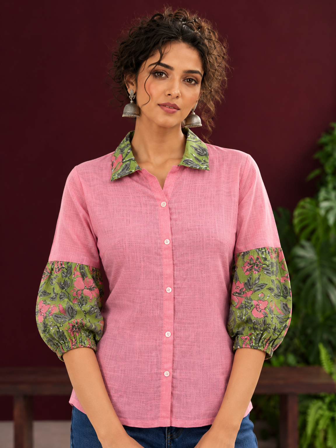 Vibrant Pink Cotton Shirt with Contrast Green Floral Print Collar and Balloon Sleeves — fabric detail — view 3