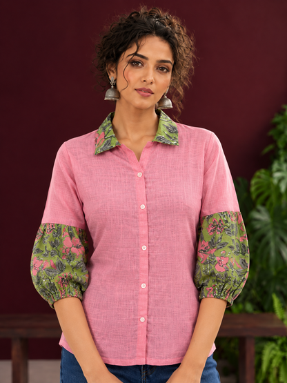 Vibrant Pink Cotton Shirt with Contrast Green Floral Print Collar and Balloon Sleeves — fabric detail