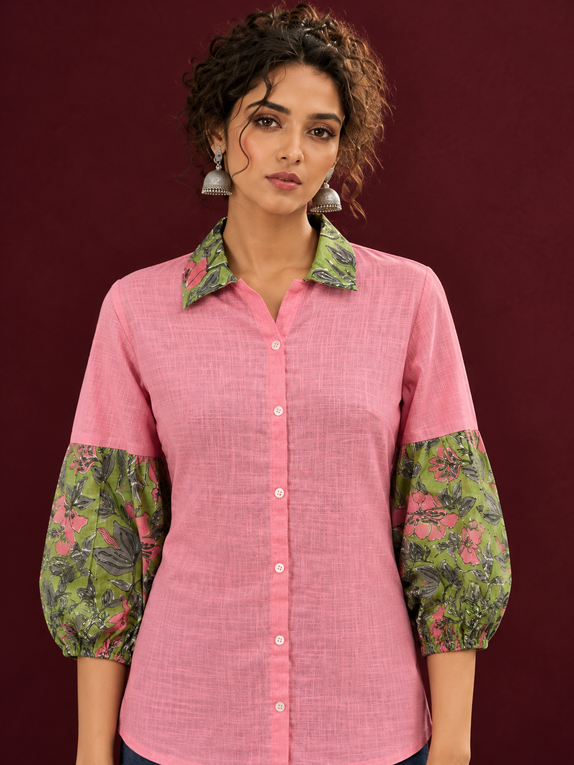 Vibrant Pink Cotton Shirt with Contrast Green Floral Print Collar and Balloon Sleeves — styled view — view 4
