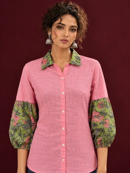 Vibrant Pink Cotton Shirt with Contrast Green Floral Print Collar and Balloon Sleeves — styled view