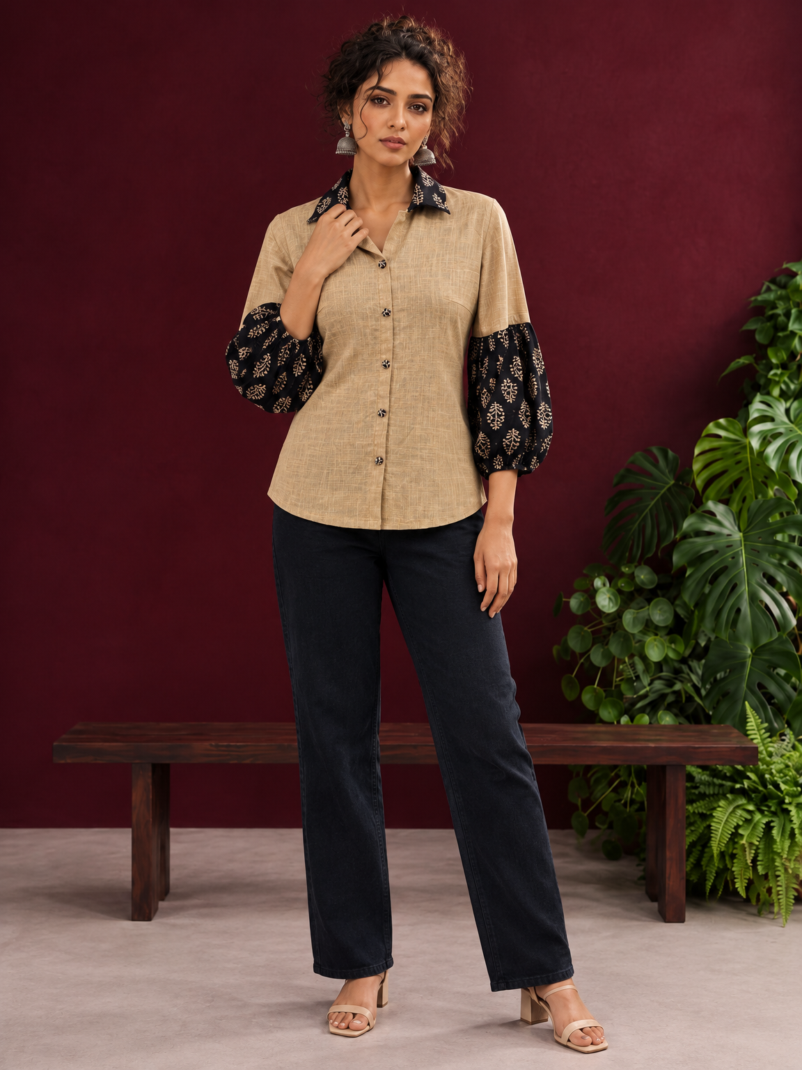 Beige Cotton Shirt with Contrast Black Ajrakh Floral Print Collar & Balloon Sleeve Cuffs