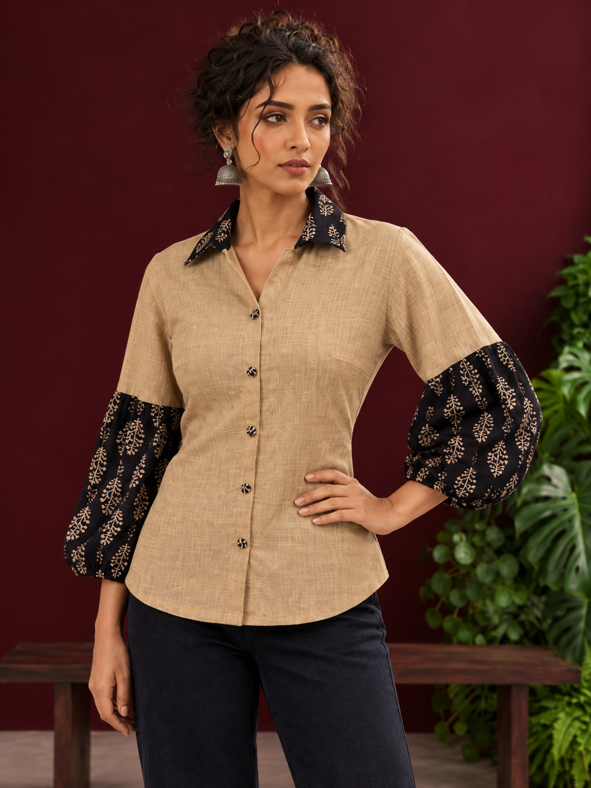 Beige Cotton Shirt with Contrast Black Ajrakh Floral Print Collar & Balloon Sleeve Cuffs — fabric detail — view 3