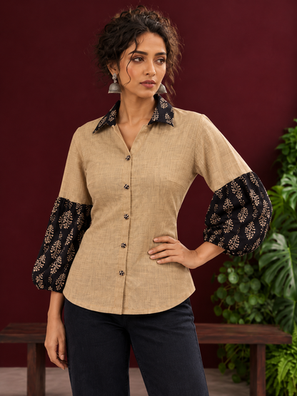 Beige Cotton Shirt with Contrast Black Ajrakh Floral Print Collar & Balloon Sleeve Cuffs — fabric detail
