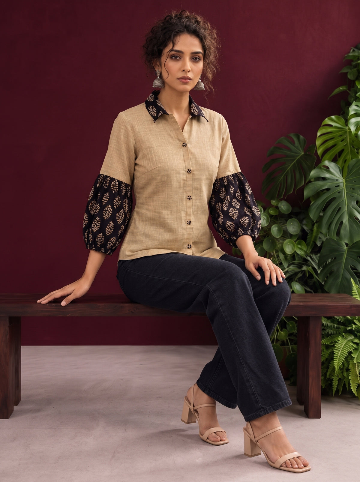 Beige Cotton Shirt with Contrast Black Ajrakh Floral Print Collar & Balloon Sleeve Cuffs — seated — view 4
