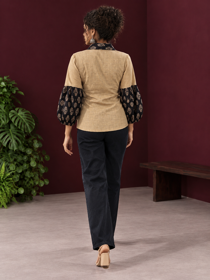 Beige Cotton Shirt with Contrast Black Ajrakh Floral Print Collar & Balloon Sleeve Cuffs — back view