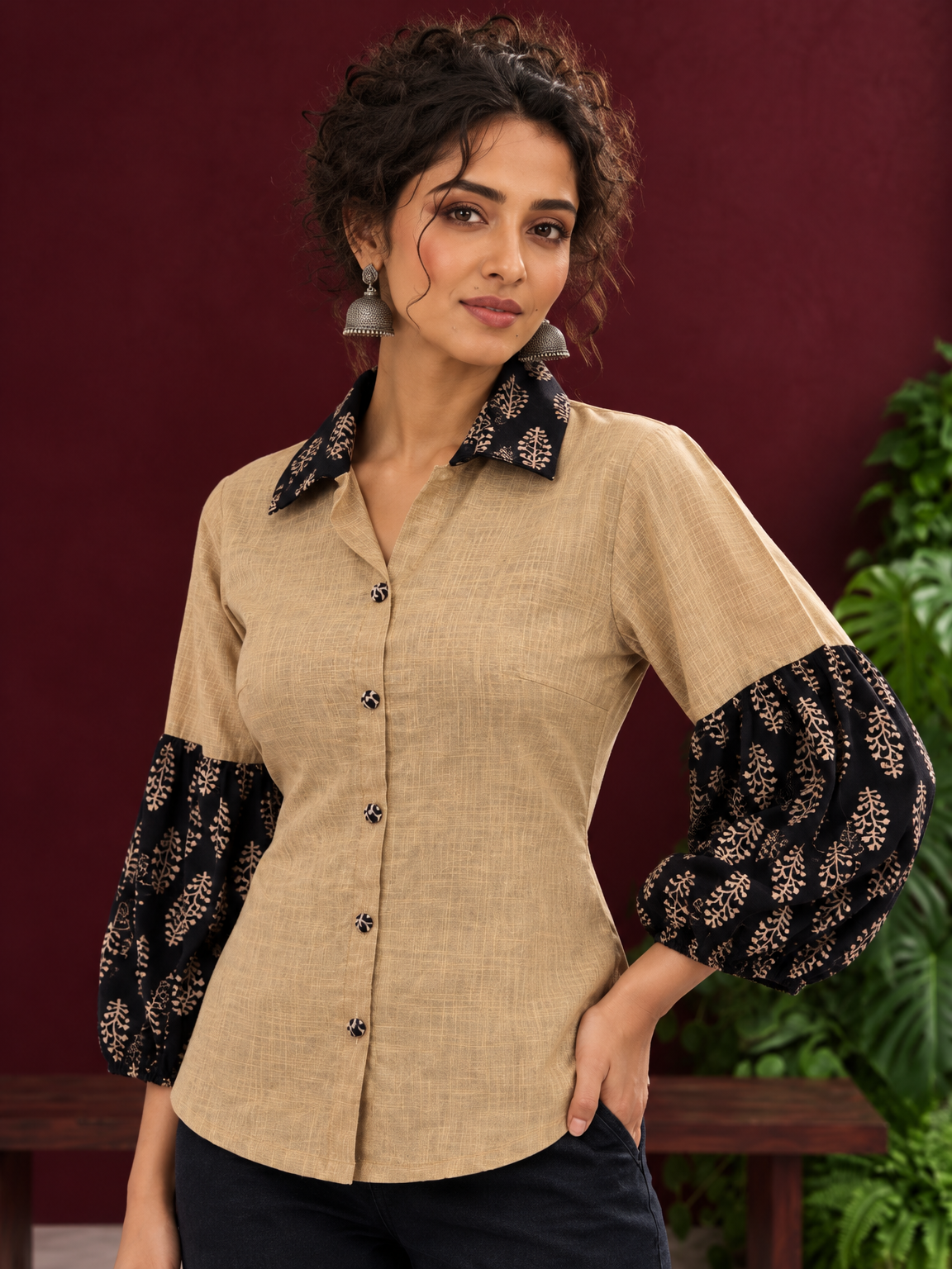 Beige Cotton Shirt with Contrast Black Ajrakh Floral Print Collar & Balloon Sleeve Cuffs — styled view — view 2