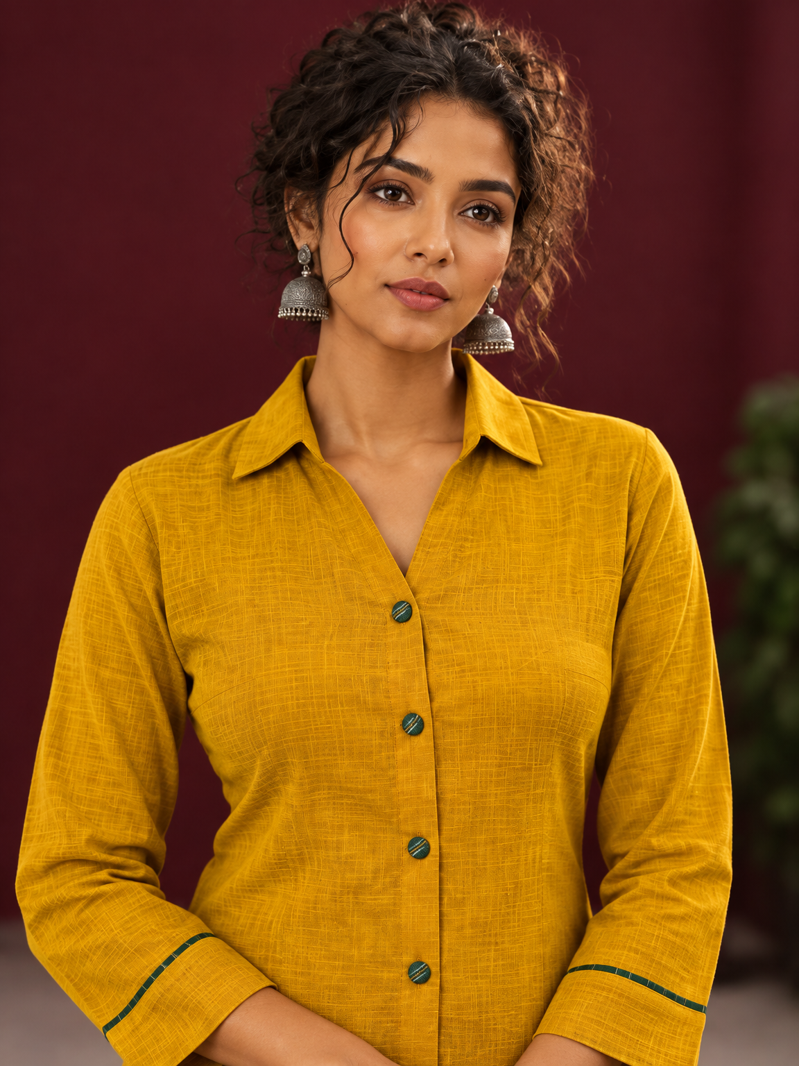 Mustard Yellow Cotton Shirt with Contrast Green Ikat Border Hem and Buttons — fabric detail — view 2