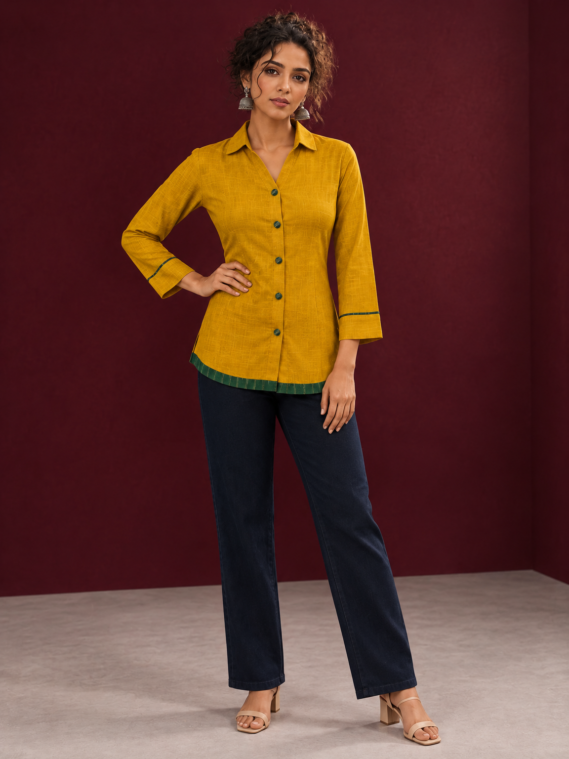Mustard Yellow Cotton Shirt with Contrast Green Ikat Border Hem and Buttons