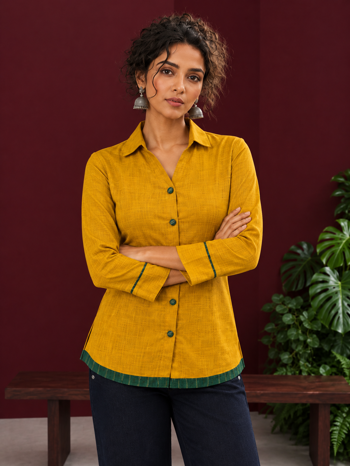 Mustard Yellow Cotton Shirt with Contrast Green Ikat Border Hem and Buttons — styled view — view 3