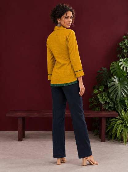Mustard Yellow Cotton Shirt with Contrast Green Ikat Border Hem and Buttons — back view