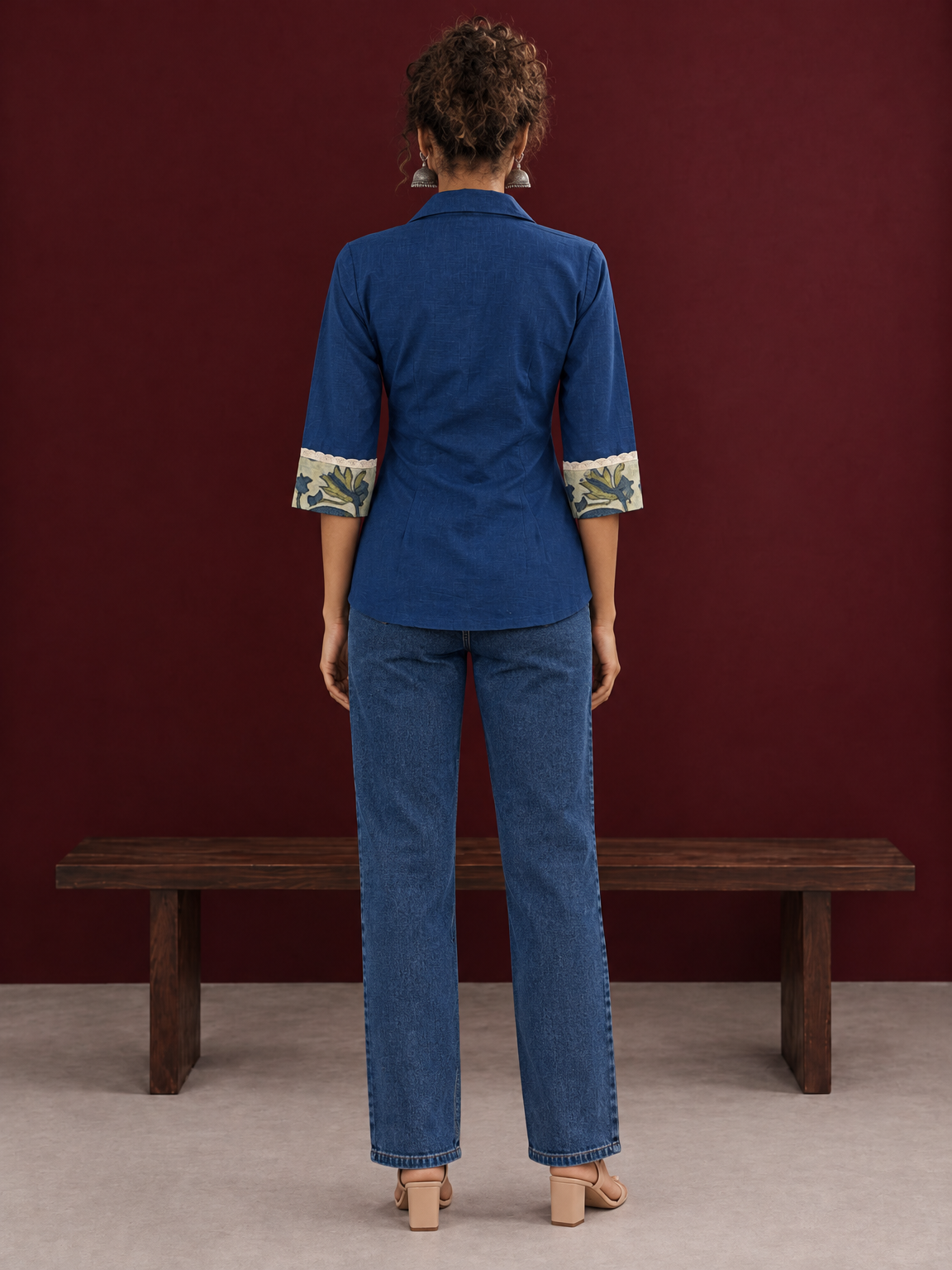 Elegant Navy Blue Cotton Shirt with Floral Print Indigo Cuffs — back view — view 5