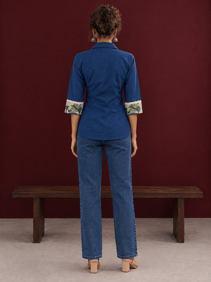 Elegant Navy Blue Cotton Shirt with Floral Print Indigo Cuffs — back view