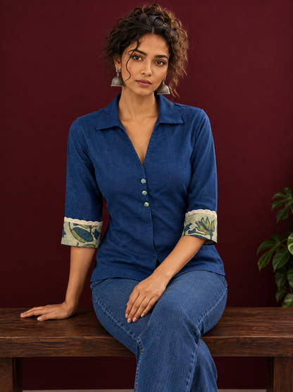 Elegant Navy Blue Cotton Shirt with Floral Print Indigo Cuffs — fabric detail