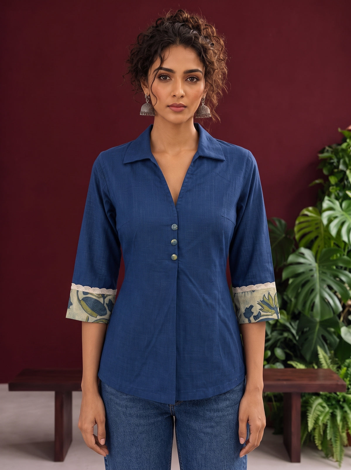 Elegant Navy Blue Cotton Shirt with Floral Print Indigo Cuffs — styled view — view 2