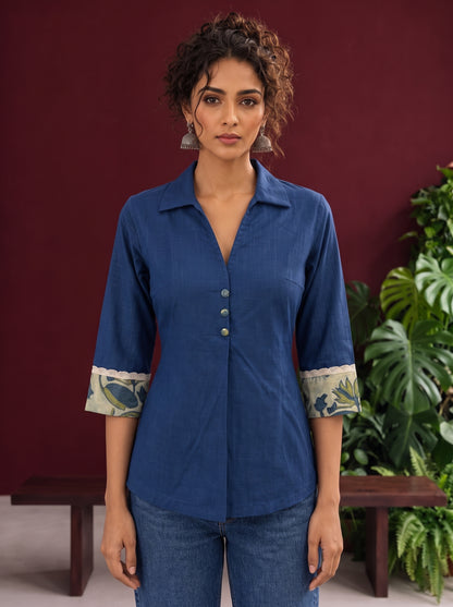 Elegant Navy Blue Cotton Shirt with Floral Print Indigo Cuffs — styled view