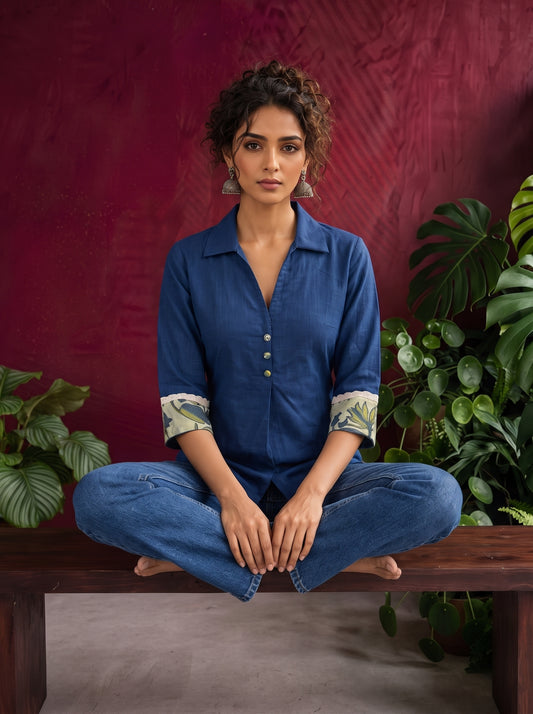 Elegant Navy Blue Cotton Shirt with Floral Print Indigo Cuffs — seated
