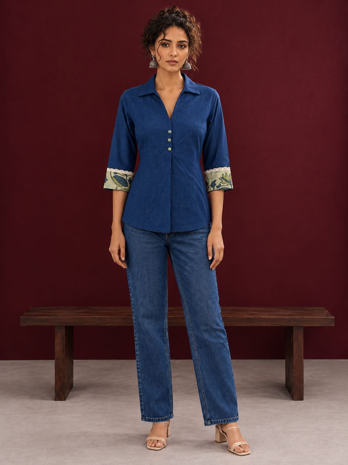 Elegant Navy Blue Cotton Shirt with Floral Print Indigo Cuffs — front view — view 4