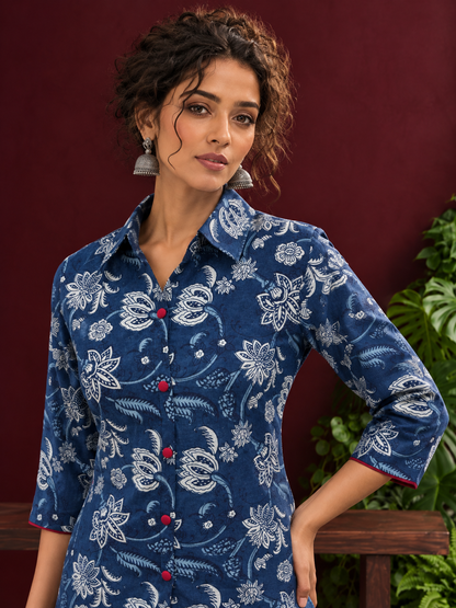 Indigo Blue Cotton Shirt with Floral Print and Contrast Maroon Button Placket — fabric detail