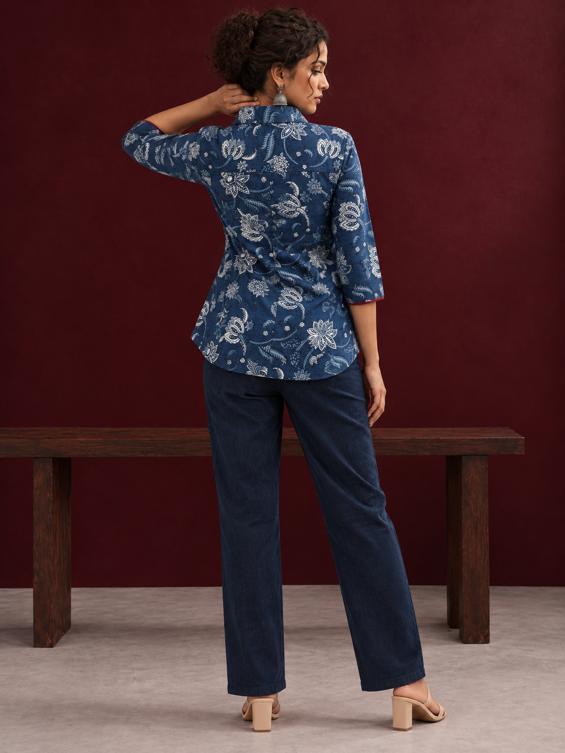 Indigo Blue Cotton Shirt with Floral Print and Contrast Maroon Button Placket — back view — view 5