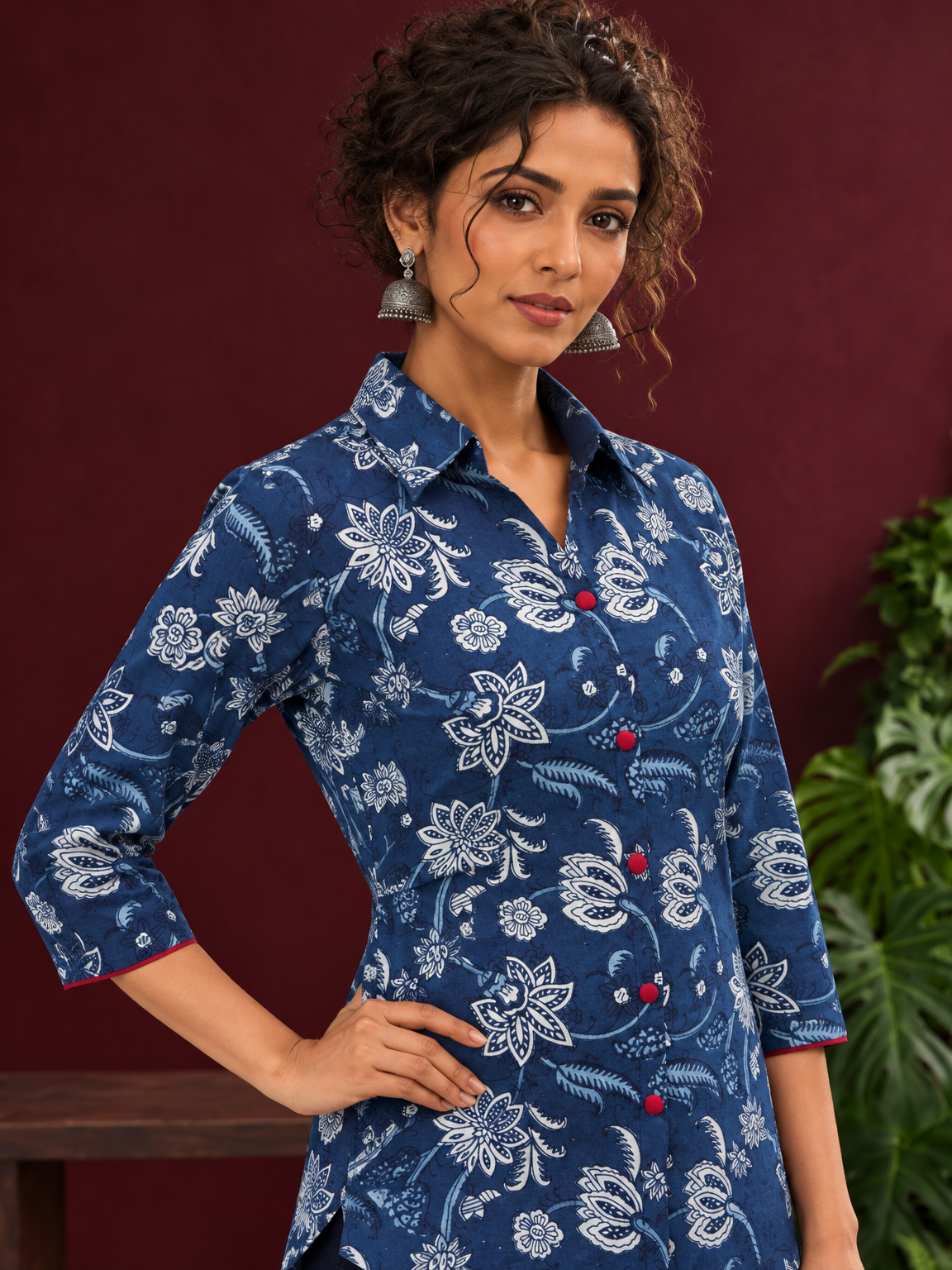 Indigo Blue Cotton Shirt with Floral Print and Contrast Maroon Button Placket — styled view — view 3